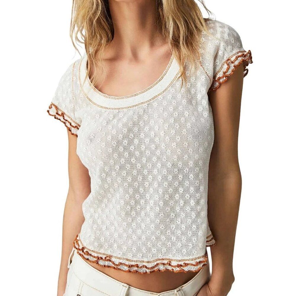 Free People Garner Baby Tee Blouse Top White Short Sleeve Lettuce Hem Cotton XS